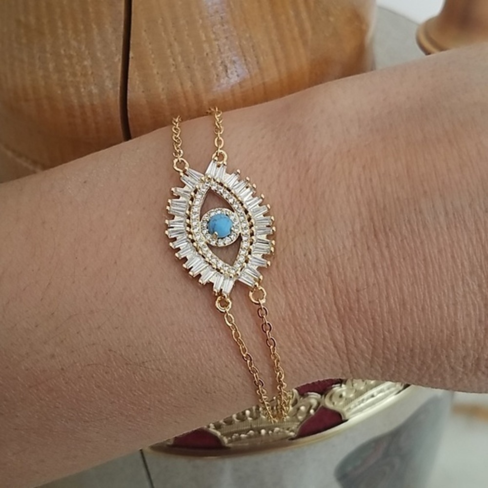 GOLD PLATED EVIL EYE CZ BLUE BRACELET 6 7 8 INCHES